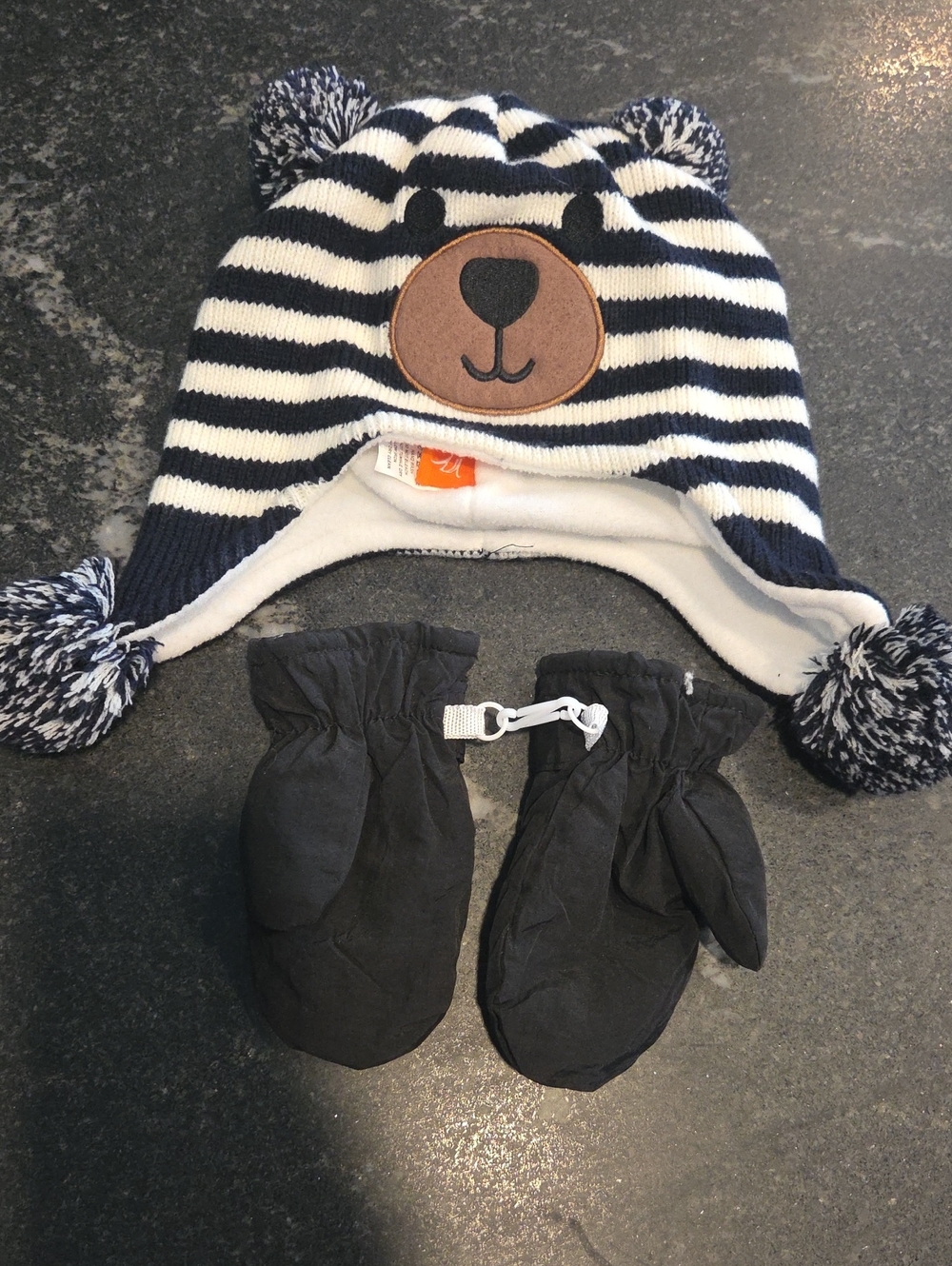 Striped Bear Ear Kids Winter Hat and Mittens Set - Black/White